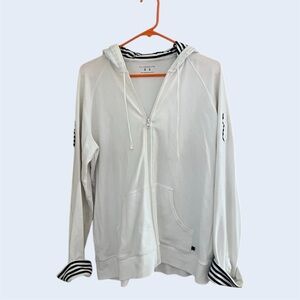 🔹LIZ CLAIBORNE: Women’s XL, white w/blue strip accent zip-up hooded jacket🔹